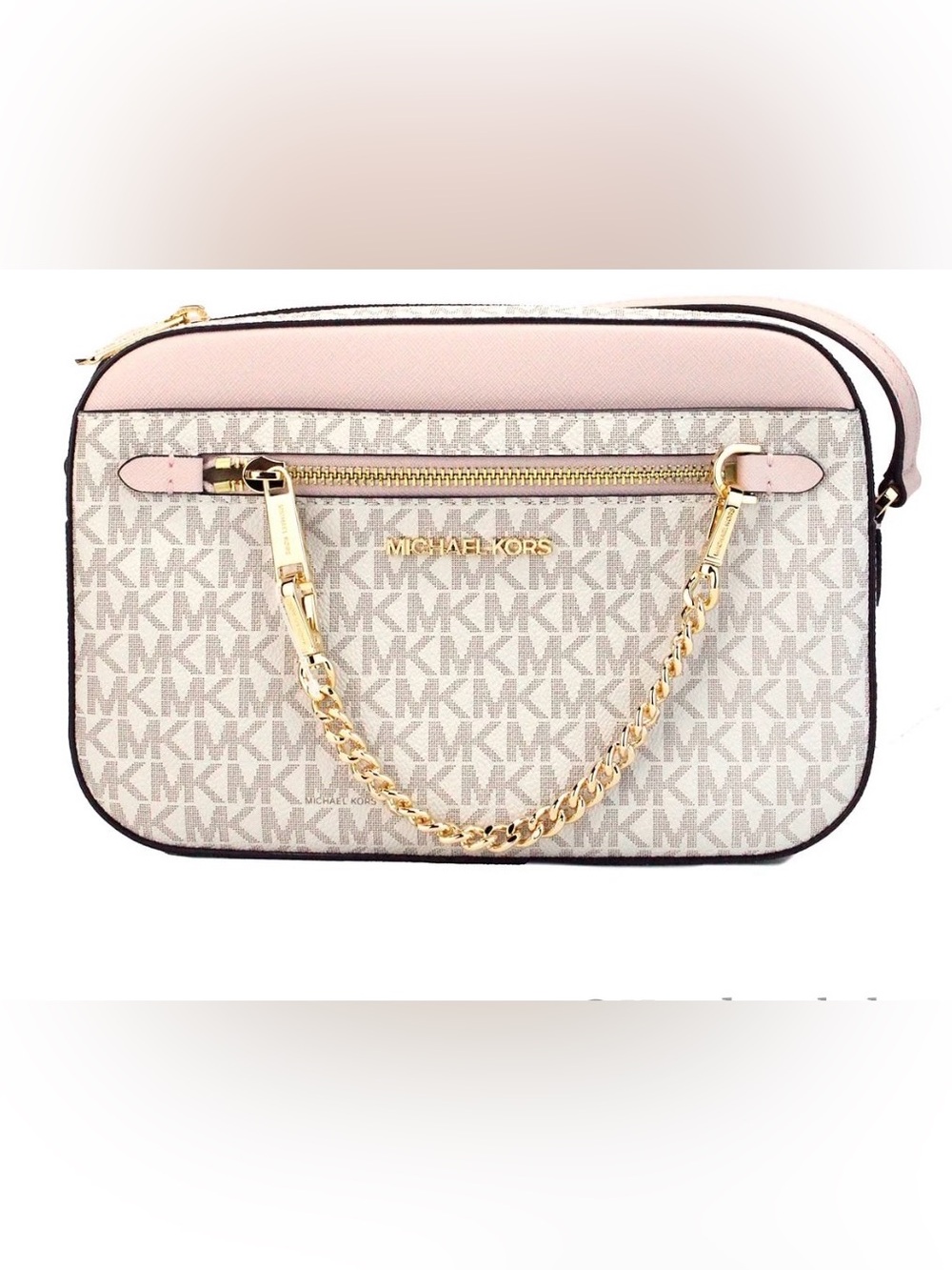 Michael Kors Saffiano Leather Chain Zip Crossbody Handbag In Vanilla/Powder